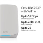 NETGEAR Orbi Whole Home Tri-Band WiFi 6 Mesh Network System (RBK753P) – Router with 2 Satellite Extenders – Security Features - Coverage up to 7 500 sq. ft.  75 Devices - AX5200 (Up to 5.2Gbps)