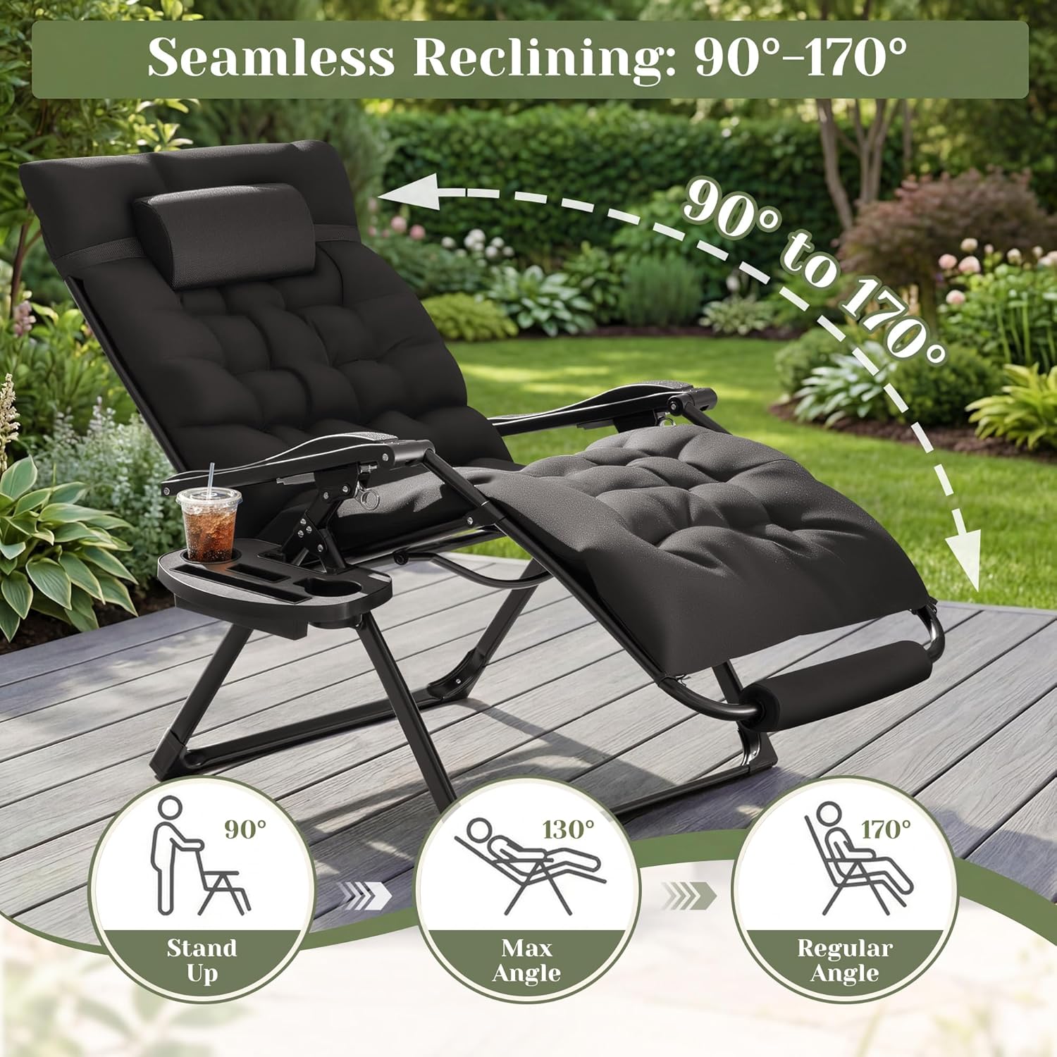 Homall Oversized Zero Gravity Chair, Set of 2 Recliner Lounge Chair with Removable Soft Cushion and Cup Holder, Adjustable Anti Gravity Chair Folding Patio Chairs Padded for Indoor and Outdoor (Black)