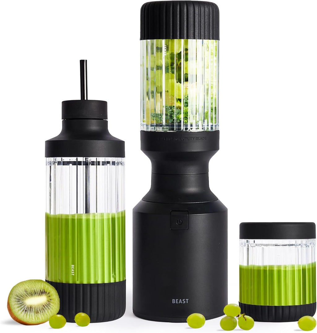 Beast Mighty 850 Plus | Premium Compact Personal Blender | Smoothies, Shakes, Dressings, Sauces | Blends Ice and Frozen Fruit | New XL Vessel | Extra Vessels, Lids and Straws | 850W (Carbon Black)