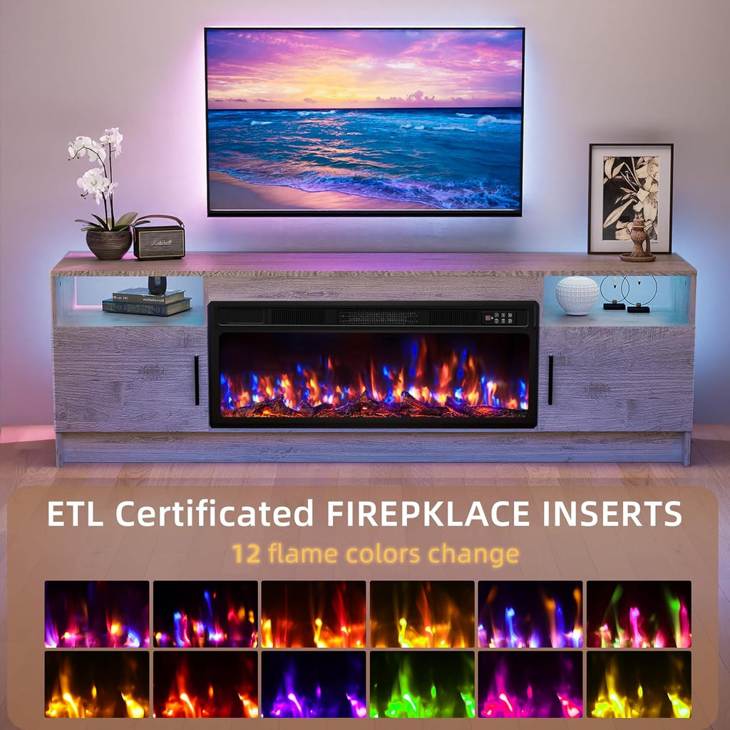 Fireplace TV Stand with 36" Fireplace Up to 80" TV, 70" Entertainment Center with LED Lights, Remote Control, TV Media Console with Storage Cabinets for Living Room, Grey