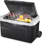 Erivess 12 Volt Portable Refrigerator, 32QT(30L) Electric Cooler, 12/24V DC & 110-240V AC, -4℉~68℉ Dual Mode Portable Freezer, 12V Car Fridge with Pull Rod & Wheels for Camping, Truck, RV, Boat