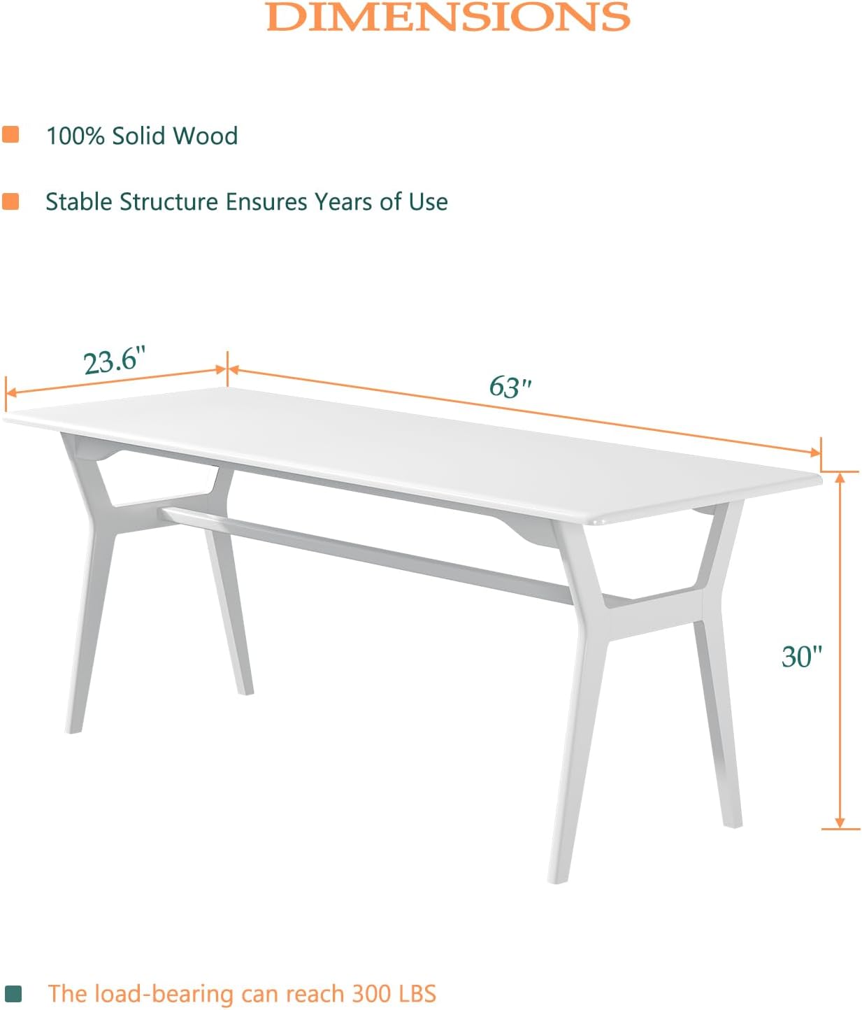Solid Wood Study Desk - 63" Double Long Computer Table for Home Office, 2-Person PC Workstation, White