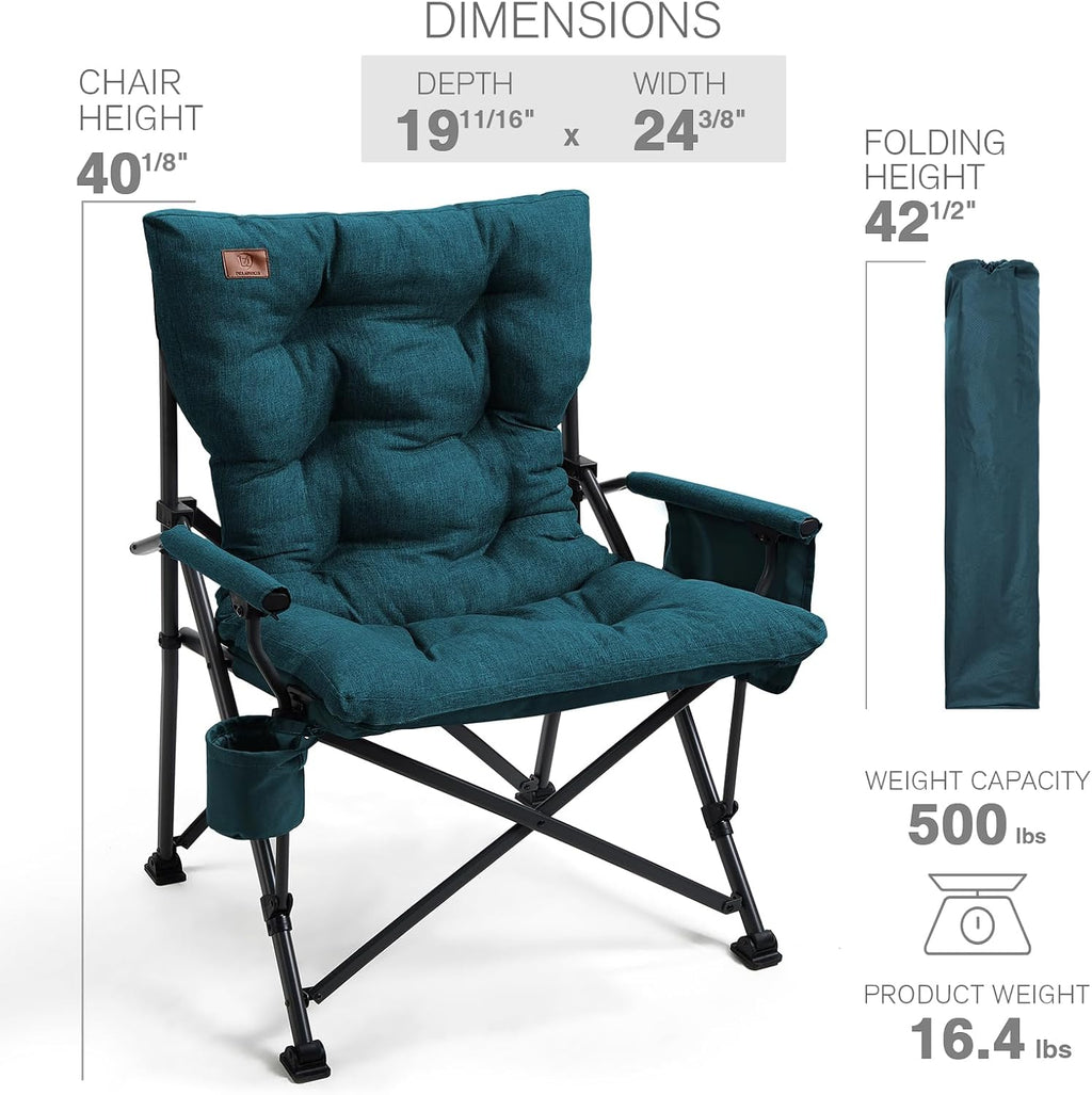EVER ADVANCED Padded Oversized Folding Camping Chair for Adults, Heavy Duty Lawn Chair with Side Pockets, Portable Collapsible Quad Chair for Outside, Support Up to 500lbs, Green