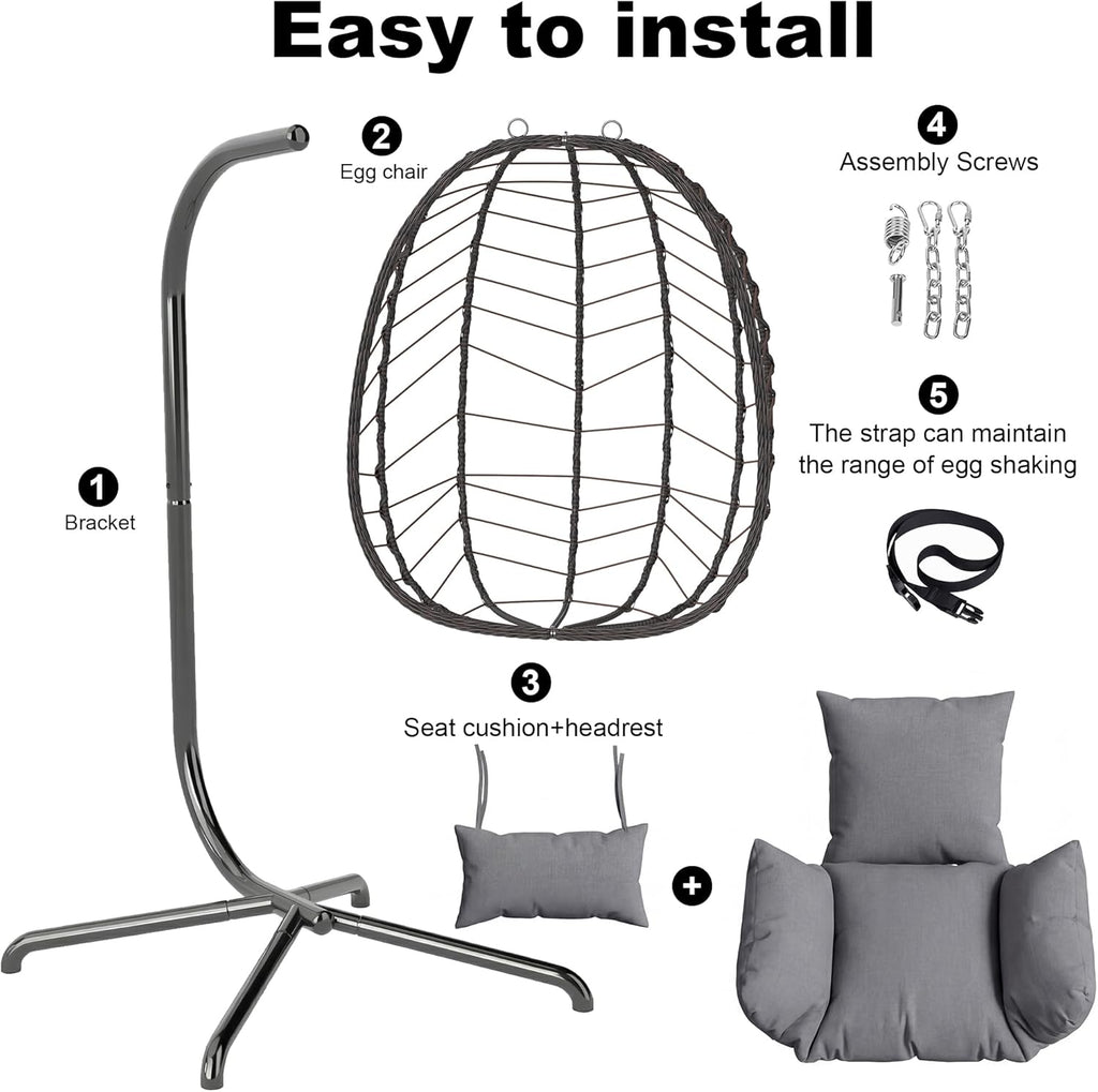 LEX CRAFT Hanging Egg Chair with Stand, Swinging Egg Chair Outdoor Indoor, Hanging Basket Chair with Cushion, Patio Wicker Hammock Chair 350lbs Capacity for Porch, Balcony, Backyard, Garden (Grey1)