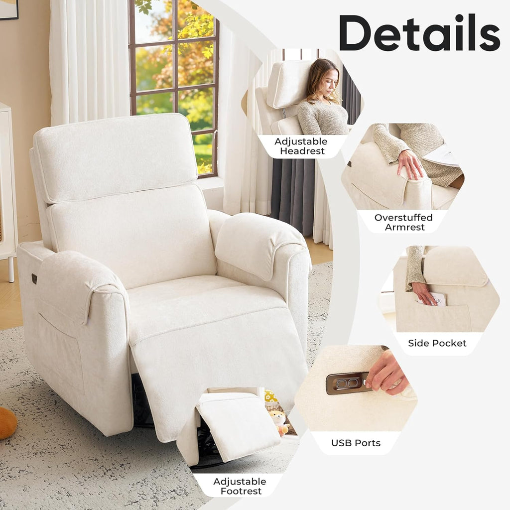 Oversized Power Recliner Chair, 26" Extra Wide Swivel Rocker Recliner with Adjustable Headrest, Chenille Glider Rocking Nursery Chair with Overstuffed Armrest, USB Ports, Cream