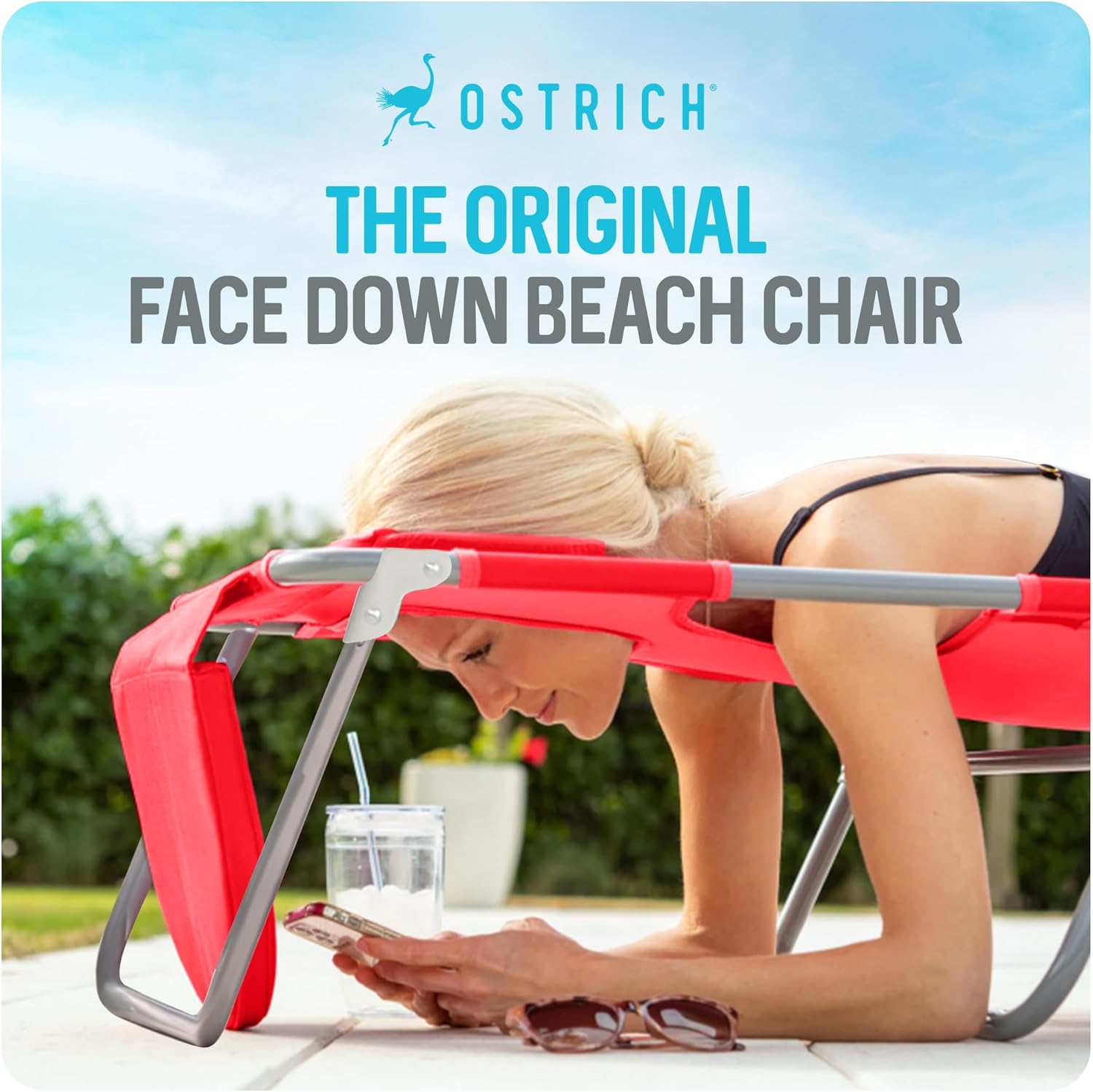 Ostrich the Deluxe 3N1 Lightweight Lawn Beach Reclining Lounge Chair with Footrest, Outdoor Furniture for Patio, Balcony, Backyard, or Porch, Red