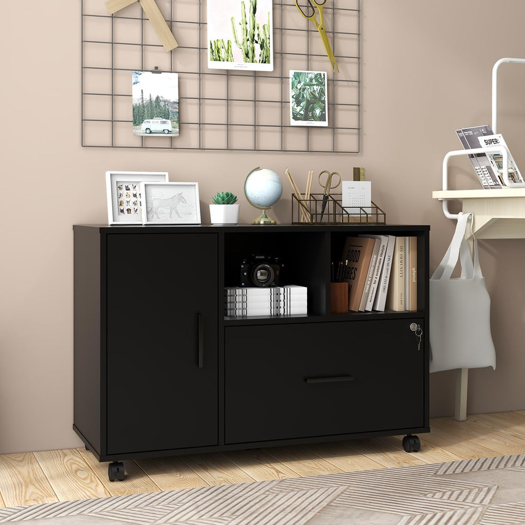 Panana Wood File Cabinet with Lock, 1-Drawer Wooden Office Lateral Filing Cabinet on Wheels Mobile Printer Stand with Open Storage Shelf for Letter/Legal/A4 Size Files (Black1)