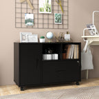 Panana Wood File Cabinet with Lock, 1-Drawer Wooden Office Lateral Filing Cabinet on Wheels Mobile Printer Stand with Open Storage Shelf for Letter/Legal/A4 Size Files (Black1)