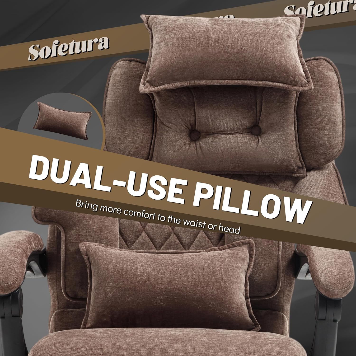 Massage Office Chair with Foot Rest,6 Points Vibration & Heat Executive Office Chairs for Heavy People,500LBS Big and Tall Office Chair,Ergonomic Reclining Desk Chair,Dual-Use Pillow,Brown