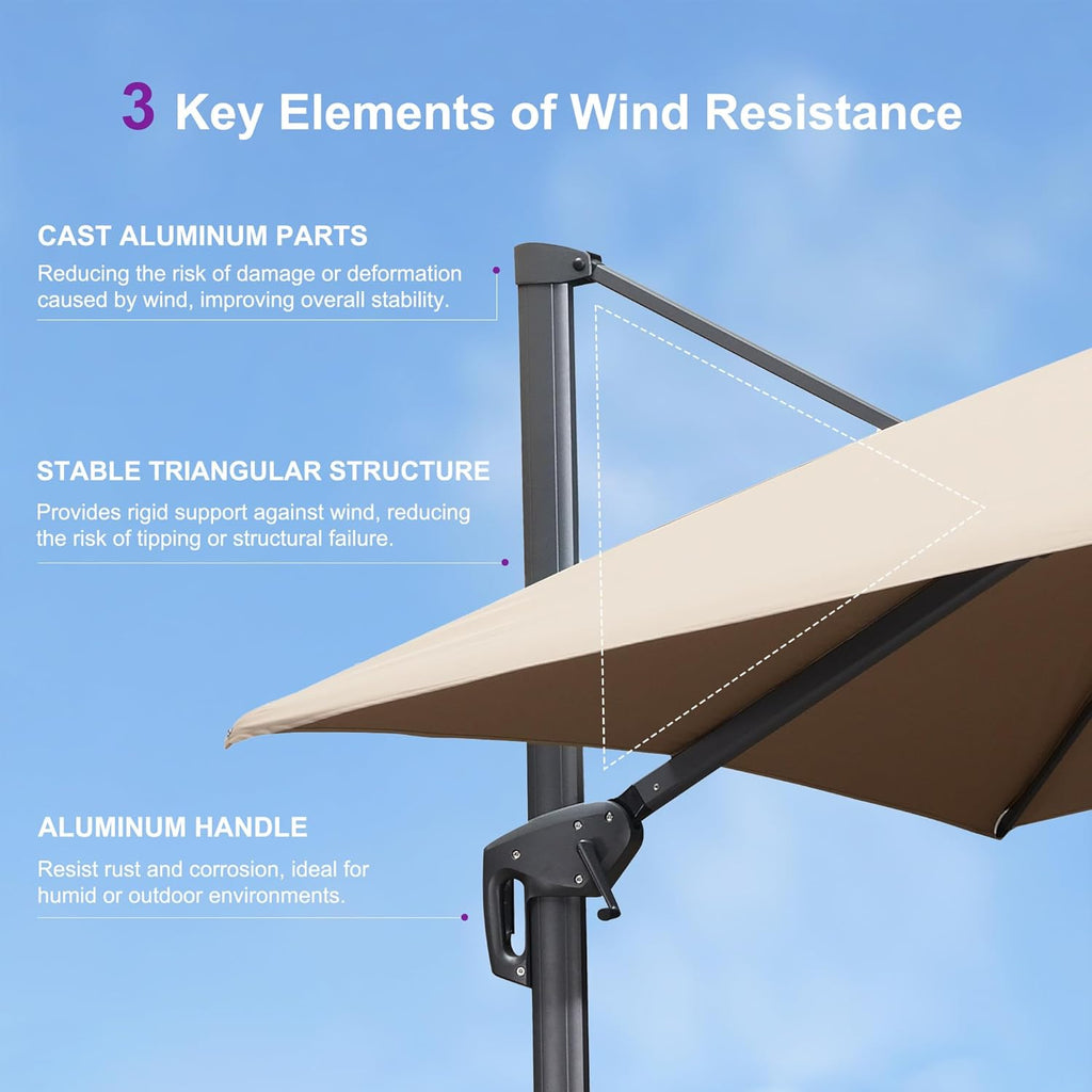 PURPLE LEAF 12ft Patio Umbrella with Base Large Outdoor Square Umbrella Deluxe Hanging Double Top Cantilever Offset Market Umbrella Windproof Garden Umbrella Taupe