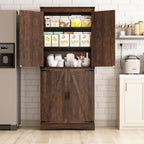 71" Tall Kitchen Pantry,Farmhouse Storage Cabinet with Adjustable Shelves,Load-Bearing Steel Pipe,Farmhouse Pantry Cabinet with 4 Barn Doors, for Kitchen,Dining Room,Living Room(Brown)