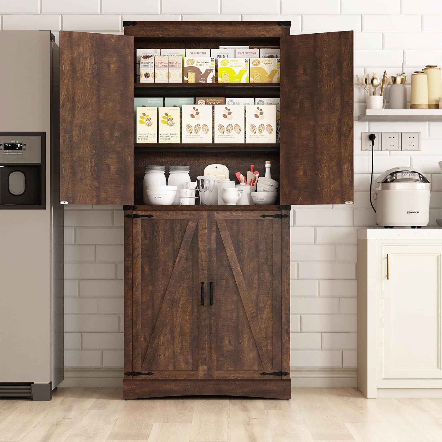 71" Tall Kitchen Pantry,Farmhouse Storage Cabinet with Adjustable Shelves,Load-Bearing Steel Pipe,Farmhouse Pantry Cabinet with 4 Barn Doors, for Kitchen,Dining Room,Living Room(Brown)