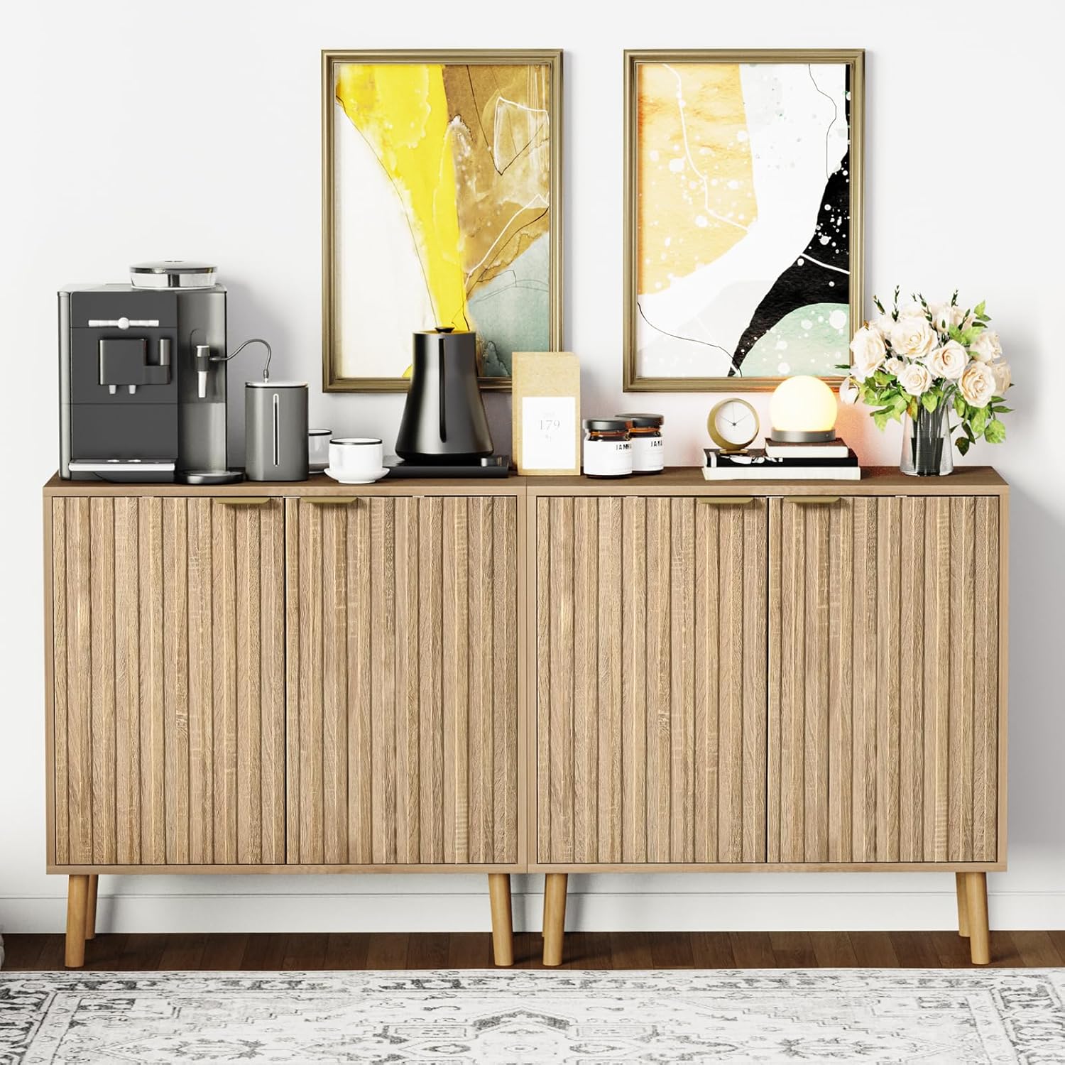 Vrullu Fluted Storage Cabinet, Free Standing Buffet, Wood Sideboard, Multifunctional Accent Storage for Living Room, Hallway, Entryway, Dining Room (1, Oak)