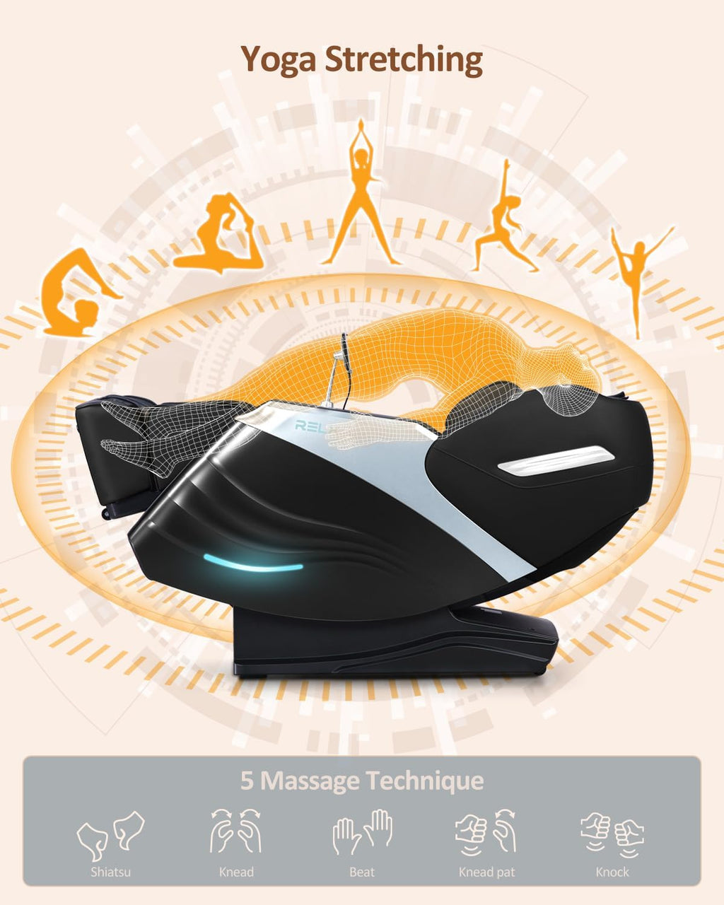 RELX Massage Chair Full Body, 15 Modes Zero Gravity SL-Track Shiatsu Massage Chair Built-in Heat System, Airbag Massage with Body Scan, Deep Yoga Stretch, Calfrest Extension and AI Control(Black)