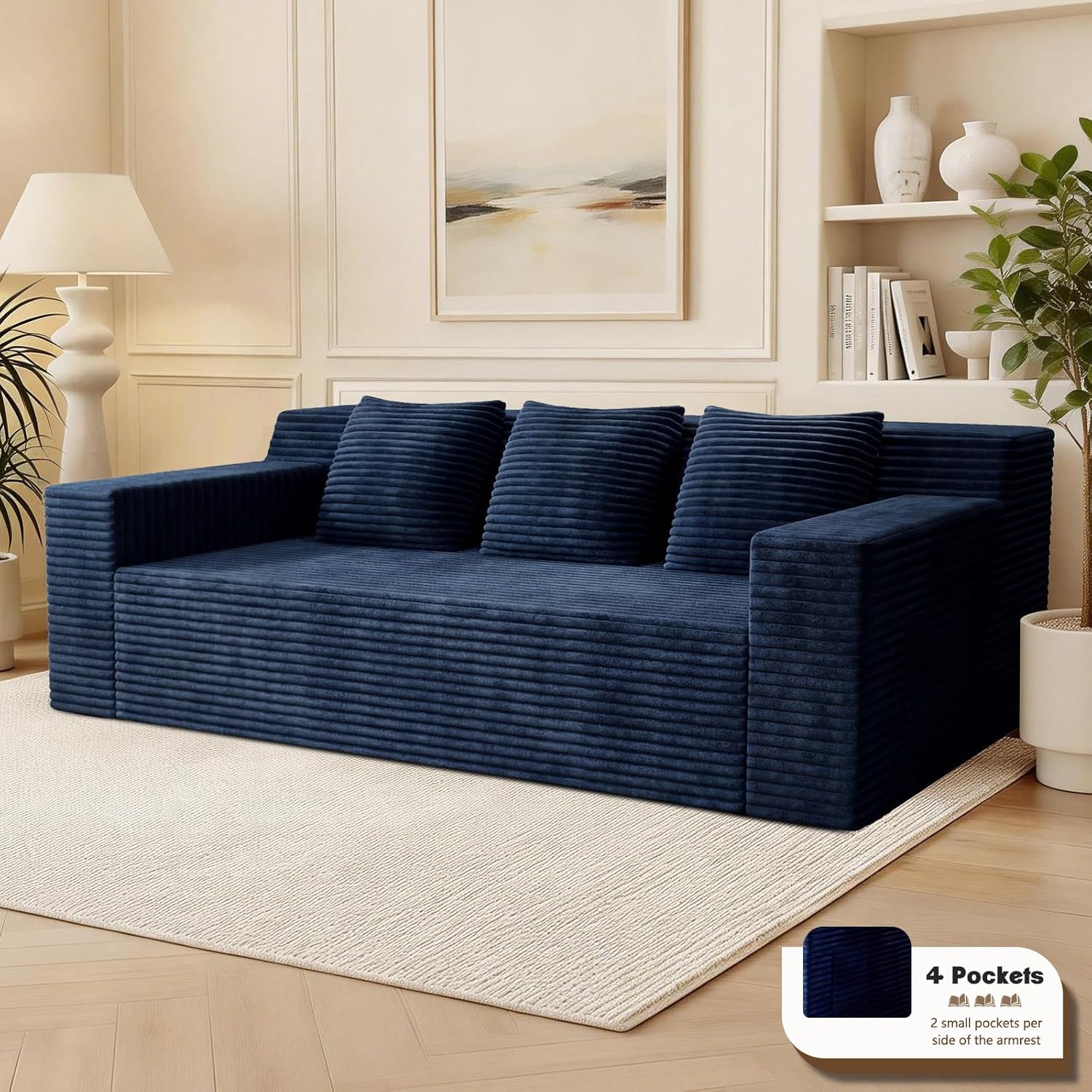 Kurhwyss 71" Corduroy Living Room Sofa, 3 Setaser Deep Seat Couch with 3 Lumbar Pillows, Comfy Boneless Sofa Modern Compressed Couch for Bedroom, Office, Apartment, No Assembly, Flat Armrests (Blue)