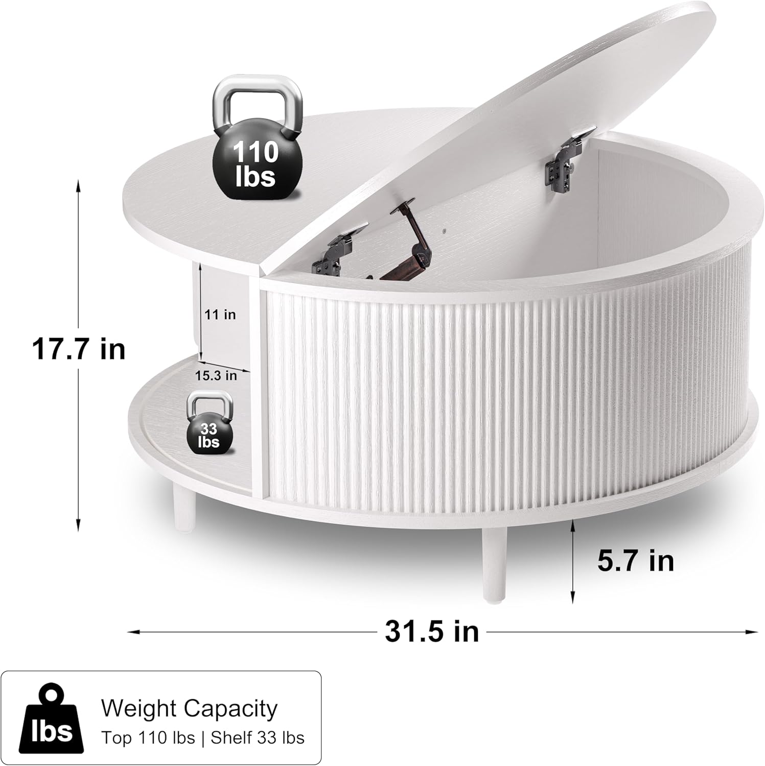Round Coffee Table, 31.5" Fluted Center Table with Storage, Lift-Top Coffee Table with Adjustable Footpads, Sliding Door, Mid-Century Modern Center Table for Living Room, Small Space (White)