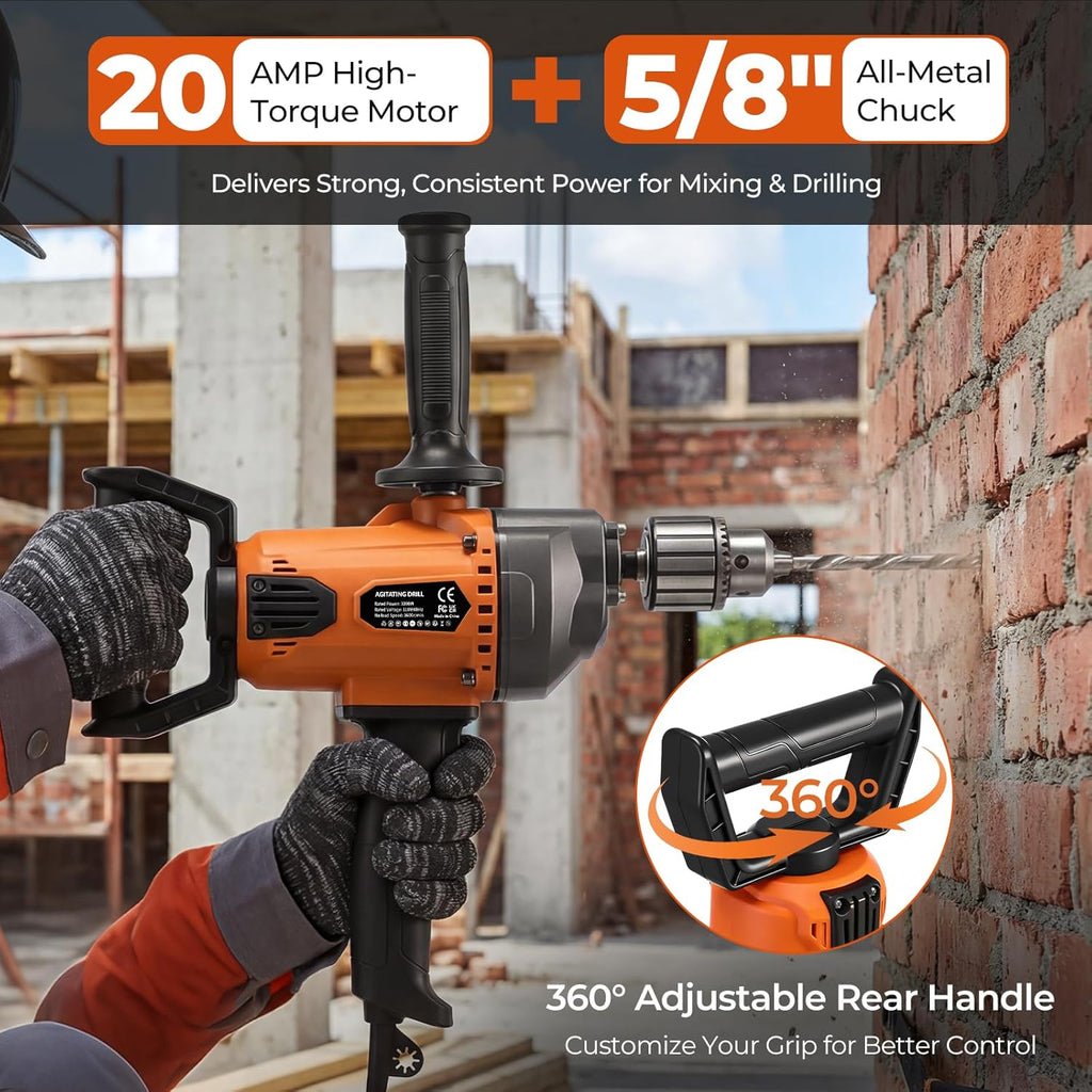 Drill Mixer Set, 20 Amp Corded Mixing Drill with 5/8" All-Metal Chuck, 1100 RPM Heavy Duty Concrete Mud Mixer with 360° Adjustable D-Handle for Cement Mortar Paint Grout Plaster Thinset