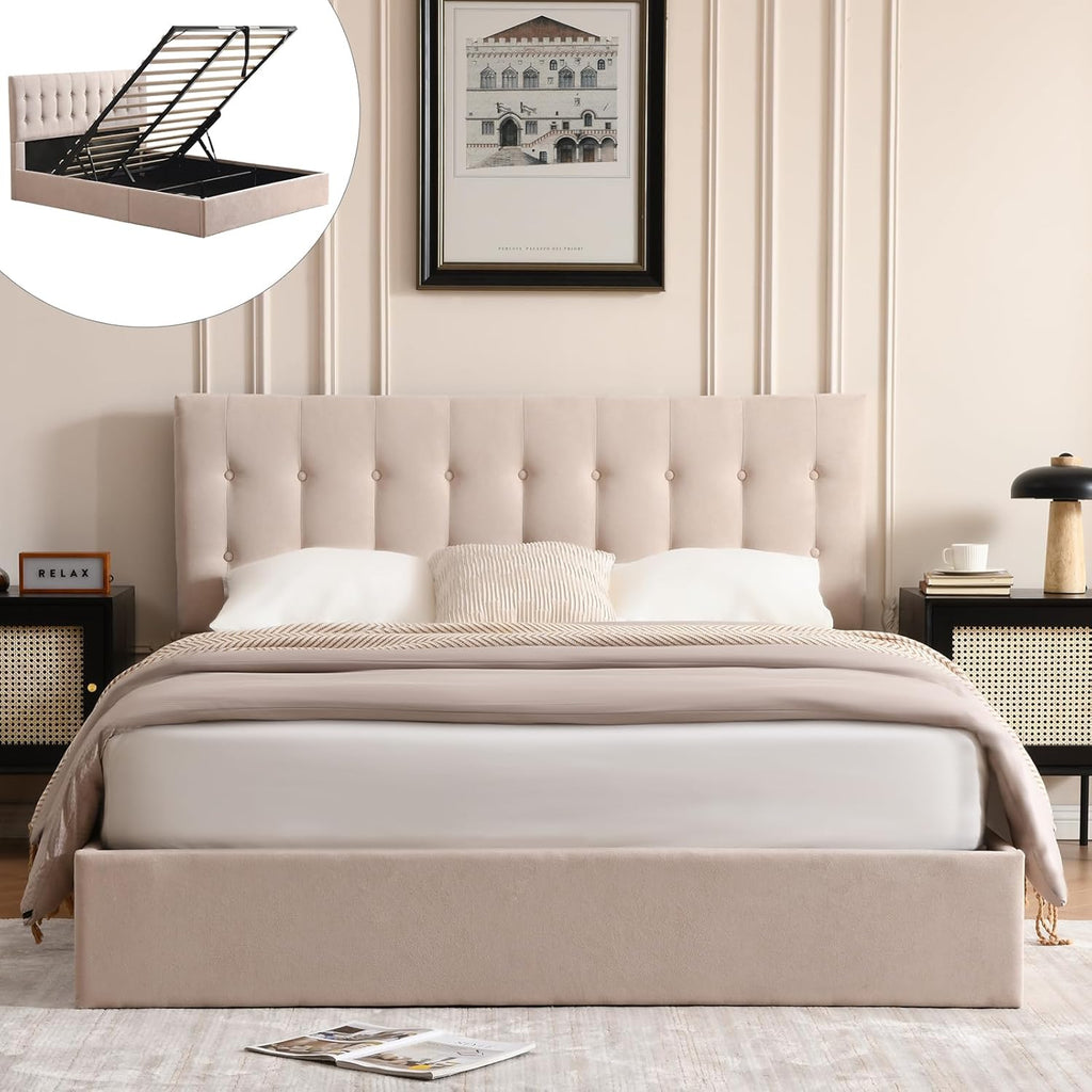 VELOCAVA Queen Size Lift-Up Storage Bed, Modern Upholstered Platform Frame, Ample Under-Bed Storage, Button-Tufted Headboard, Sturdy Wooden Slats, No Box Spring Needed, Linen-Textured Light Khaki