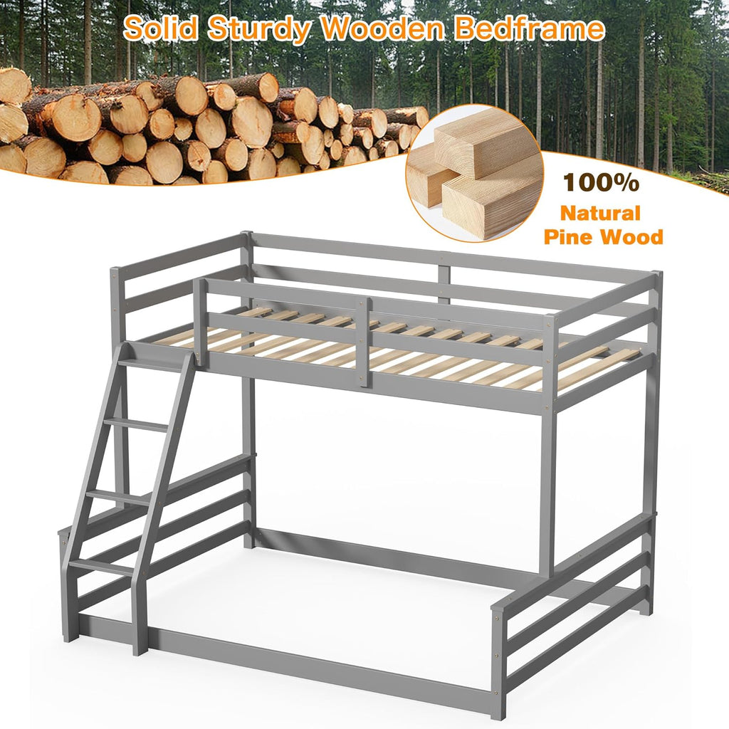 TOLEAD Low Bunk Bed Twin Over Full, Floor Bunk Bed with Ladder, Wooden Bunk Bed with Full Guardrails, Low Bunk Bed for Juniors, Boys, Girls, Kids, Bedroom, Grey