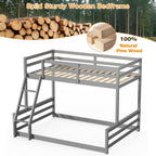 TOLEAD Low Bunk Bed Twin Over Full, Floor Bunk Bed with Ladder, Wooden Bunk Bed with Full Guardrails, Low Bunk Bed for Juniors, Boys, Girls, Kids, Bedroom, Grey