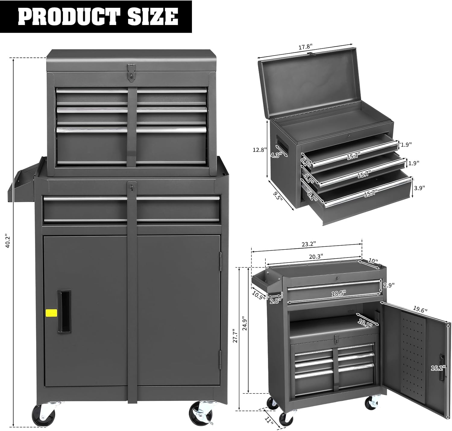 Winado 4-Drawer Rolling Tool Chest with Wheels & Lock, Tool Box with Large Storage Cabinet and Adjustable Shelf, Removable Portable Top Box for Garage, Warehouse, Factory