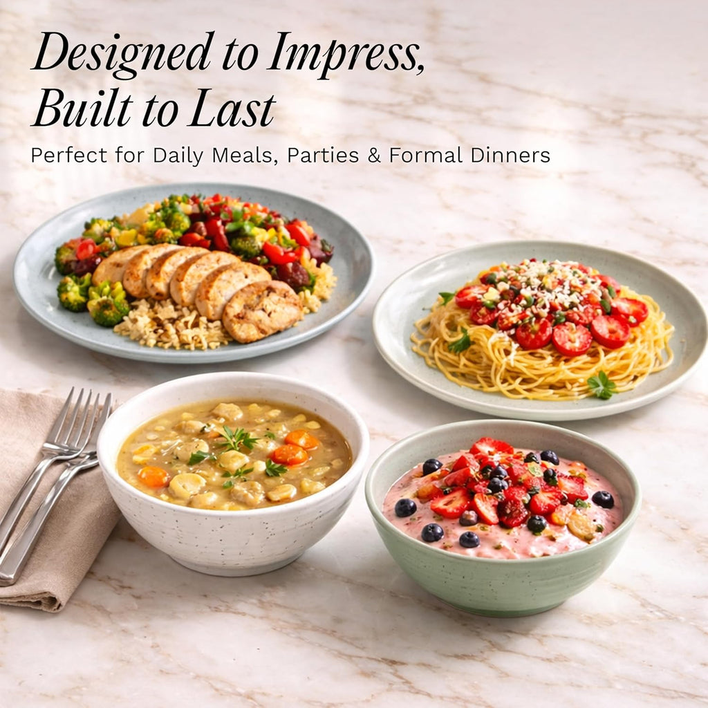 Sango Siterra Artist's Blend 16-Piece Stoneware Dinnerware Set for 4, Green, Cream & White Glossy Dishes with Speckles, Ceramic Plates and Bowls Sets for Everyday Dining, Microwave & Dishwasher Safe