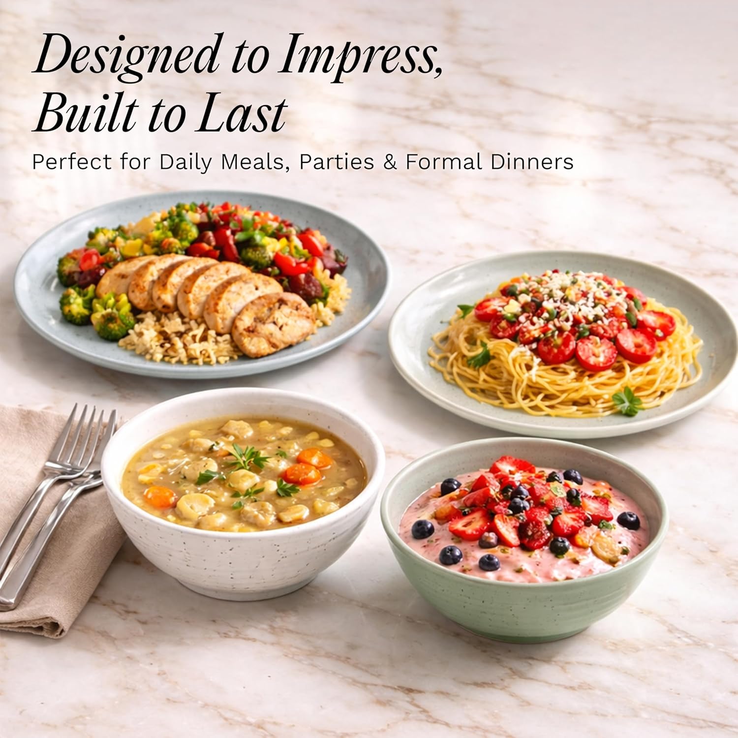 Sango Siterra Artist's Blend 16-Piece Stoneware Dinnerware Set for 4, Green, Cream & White Glossy Dishes with Speckles, Ceramic Plates and Bowls Sets for Everyday Dining, Microwave & Dishwasher Safe