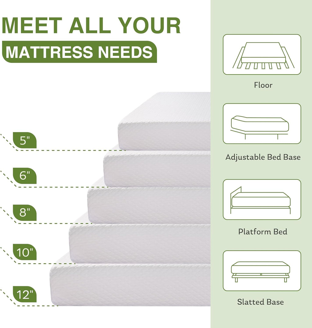EGOHOME 12 Inch Queen Mattress, Memory Foam Mattress in a Box with Cooling Green Tea Gel, Relieve Pressure with Medium Support, CertiPUR-US Certified, 80''L x 60''W, White