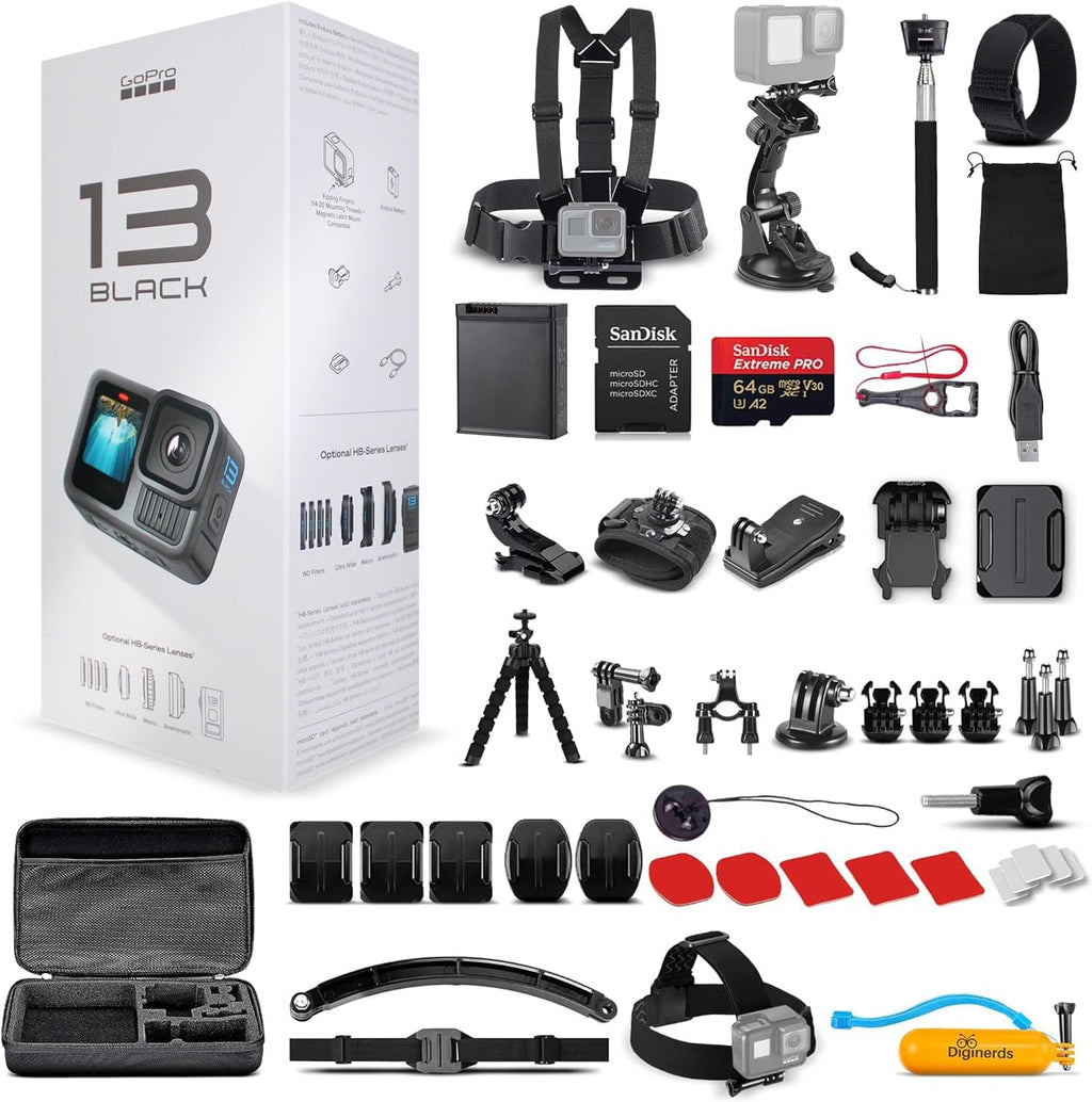 GoPro HERO13 (Hero 13) Black - Waterproof Action Camera with 5.3K HDR Video  27MP Photos  1/1.9" Image Sensor  Live Streaming  Webcam  Stabilization + 64GB Card & 50 Piece Accessory Kit - Bundle