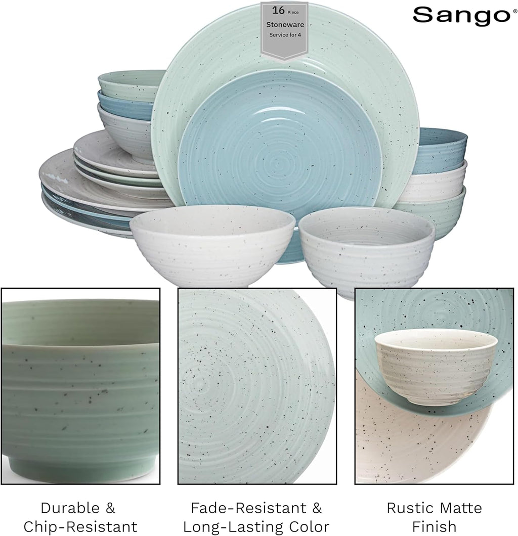 Sango Siterra Artist's Blend 16-Piece Stoneware Dinnerware Set for 4, Green, Cream & White Glossy Dishes with Speckles, Ceramic Plates and Bowls Sets for Everyday Dining, Microwave & Dishwasher Safe