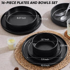 E-far 16-Piece Black Plates and Bowls Sets - Stoneware Dinnerware Sets with Pasta Bowls for 4 | Matte Black Kitchen Modern Dish Set, Microwave & Dishwasher Safe