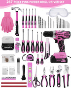 KingTool 267-Piece Tool Kit Set - Pink Tool Set with 21V Cordless Pink Power Drill Driver, Tool kit for Women with Pink Tool Storage Bag, Womens Tool Kit for House, Perfect for Home DIY Projects