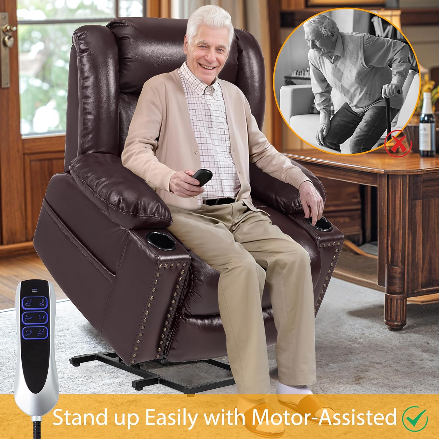 Triple Motor Large Power Lift Recliner Chair for Elderly with Heat and Massage, Lay Flat Lift Chairs for Seniors Infinite Position, Extended Footrest (Dark Brown)