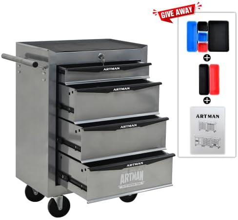 Iron-Top Rolling Tool Chest with Lockable Wheels and Side Handles, 7-Drawer Tool Storage Cabinet with Ball Bearing for Garage, Repair Shop, Required Assembly, Large Storage Capacity (Iron, 4-Gray)