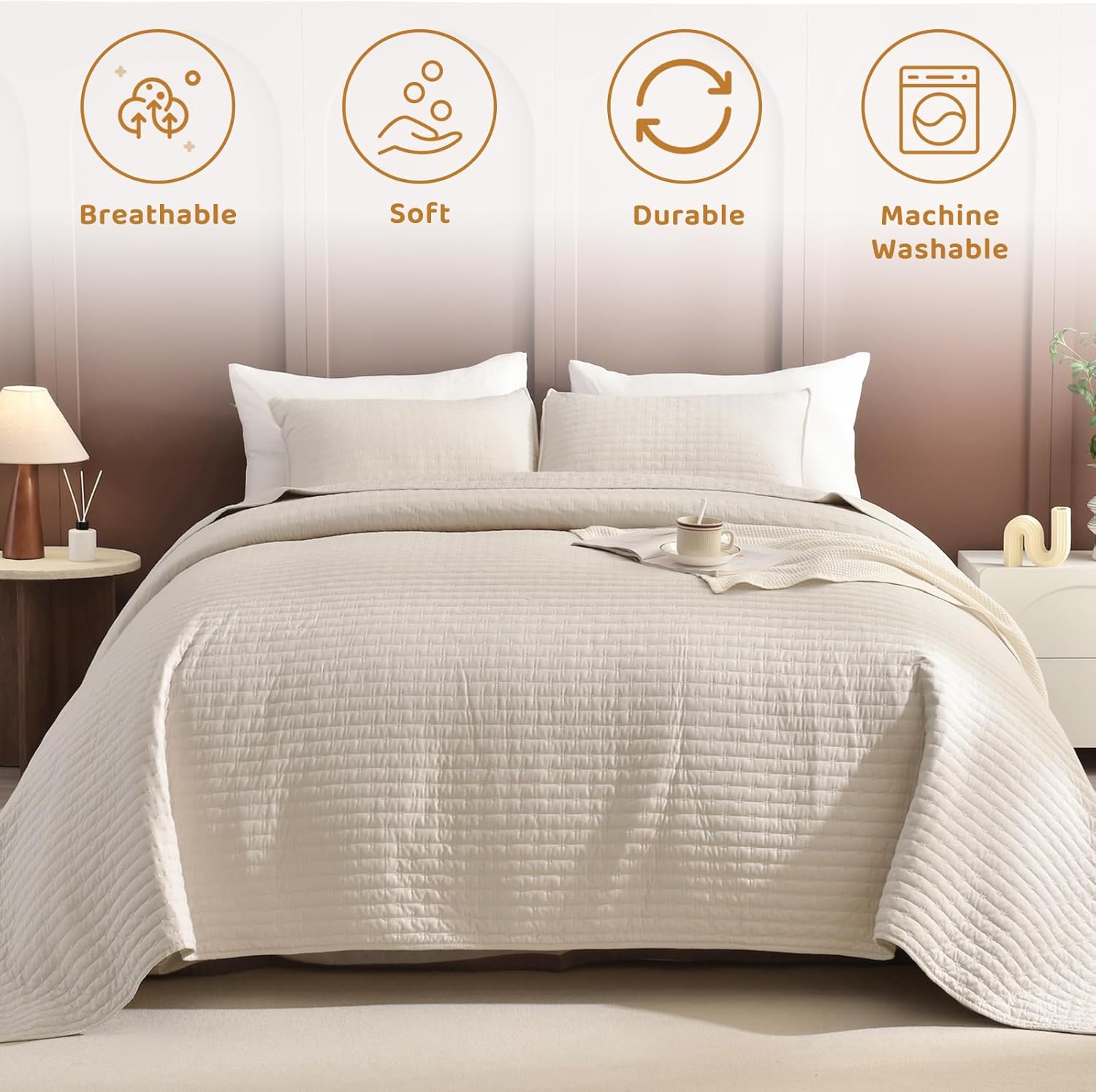 Sanracie Oversized Cal King Bedspread 128"*120" for Extra Bed, 3pcs 100% Cotton Quilt Wheat Colored Ultra Large Wide Oversized King Plus Coverlet Thin Comforter Ultra Soft and Cozy