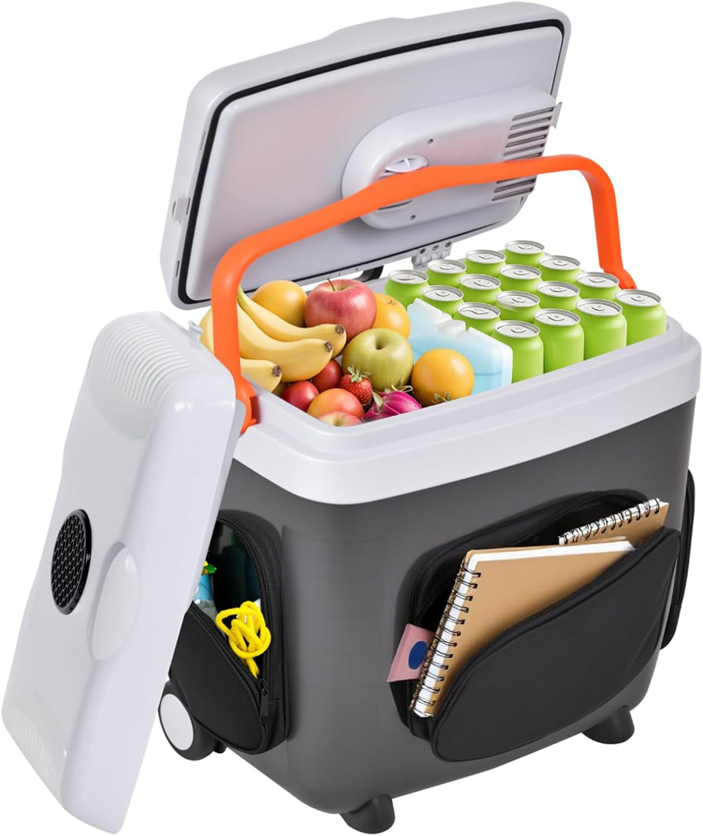 Kikihuose 12V Car Refrigerator 32 Qt (30L) Electric Cooler/Warmer with Pockets, Ice Pack Divider, Removable Lid, Wheels,Thermoelectric Fridge for Travel Camping Vehicles Truck Home, 120V AC