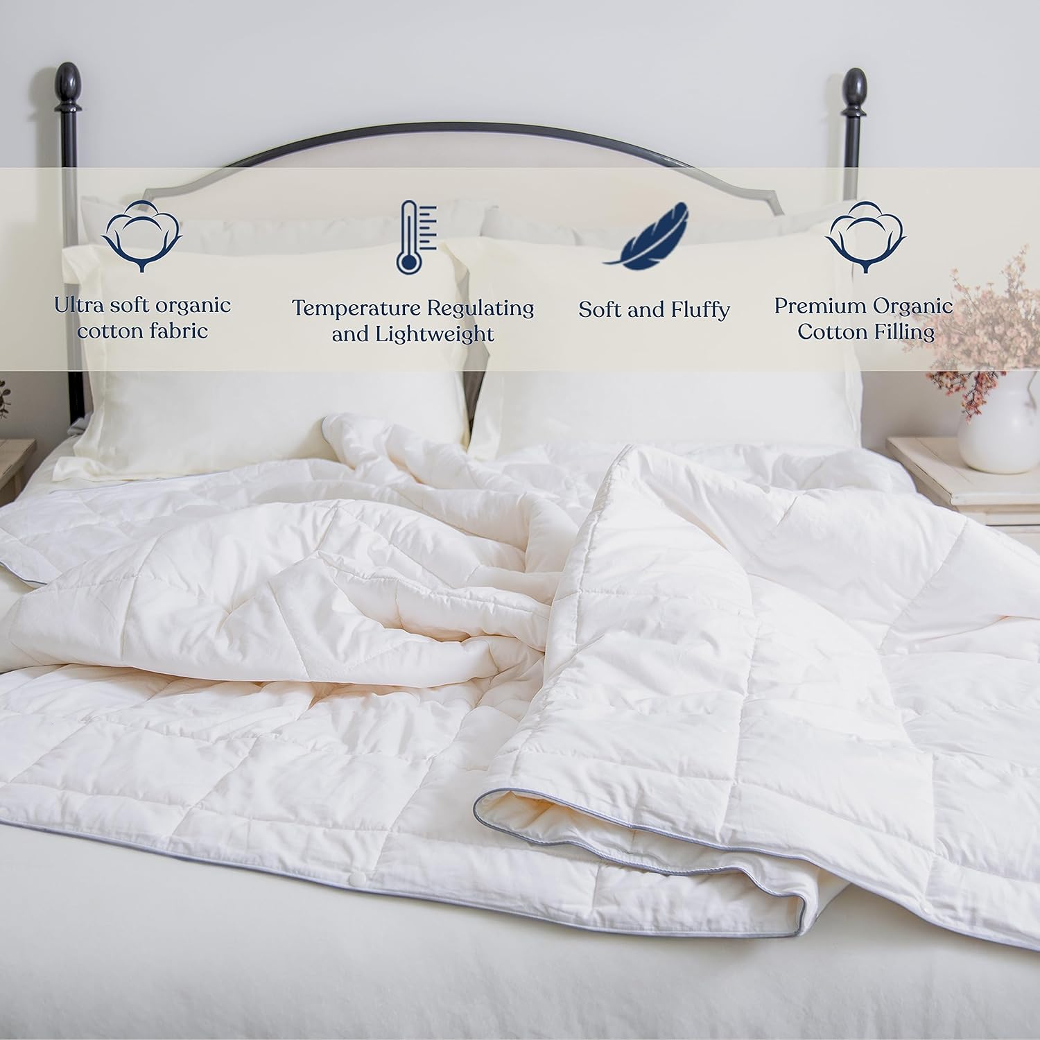 Delara King Duvet Insert – White Cotton Comforter – 100% Organic Cotton Shell and Filled All Season, Breathable, Lightweight with 8 Tabs – GOTS Certified