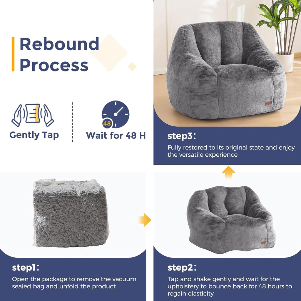 MAXYOYO Bean Bag Chair, Comfy Bean Bag Sofa with Back Support, Faux Fur Bean Bag Chair for Adults and Kids, Stuffed Floor Sofa for Living Room, Bedroom, Apartment, Grey