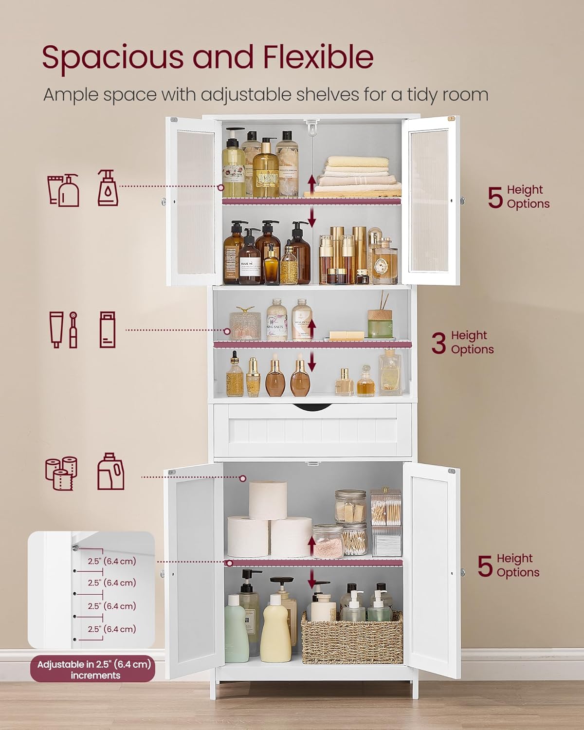 VASAGLE Storage Cabinet, Freestanding Storage Unit with Adjustable Shelves, Drawer, Open Compartments, for Bathroom, Living Room, Kitchen, Cloud White UBBC768WH01S