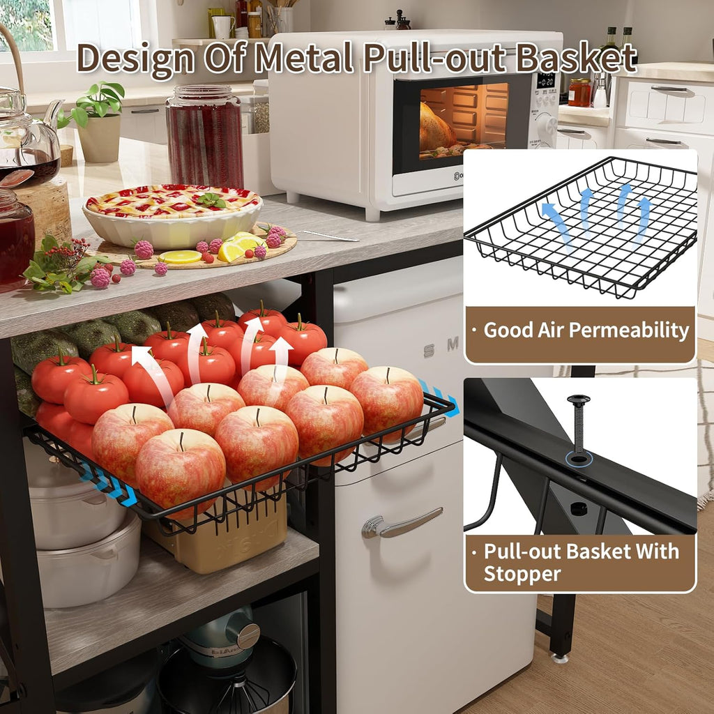 METYERRY Kitchen Bakers Rack with Power Outlet,Mini Fridge Cabinet with Mesh Basket, Mini Fridge and Microwave Table with Storage for Office,Kitchen,Living Room,Coffee Bar,Patio,Greige
