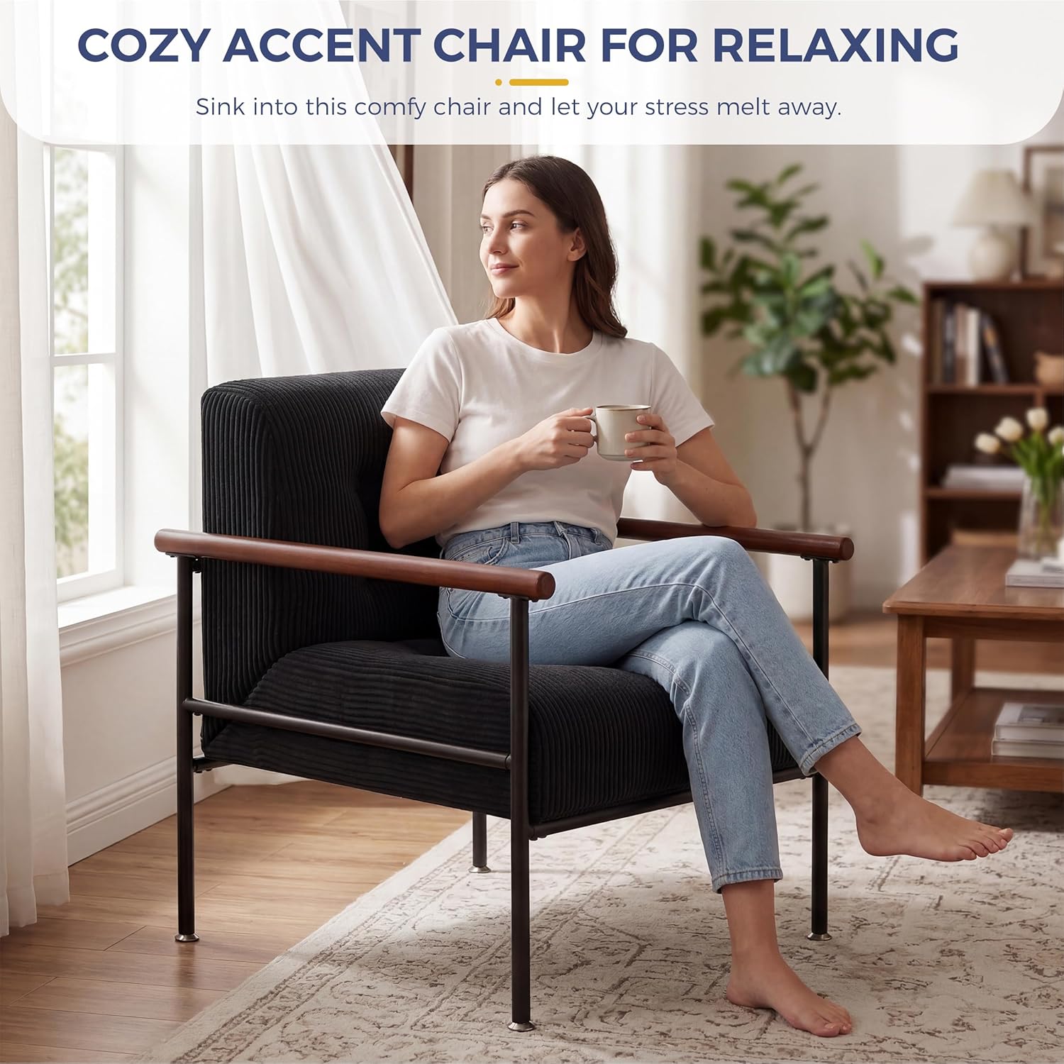 MAXYOYO Living Room Accent Chair, Modern Chair with Sturdy Metal Frame & Wood Armrests, Upholstered Reading Chair with Upholstered Cushion for Bedroom Balcony Porch, Black