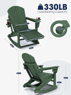 KINGYES Adirondack Rocking Chair with Retractable Ottoman and Cup Holders, HDPE Adirondack Rocker Patio Rocking Chair for Porch, Patio, Balcony, Dark Green
