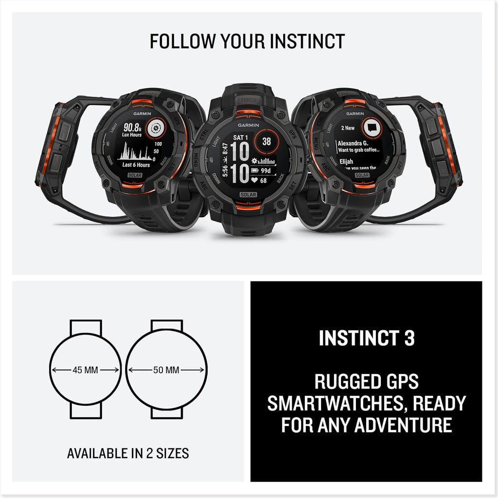 Garmin Instinct® 3 45mm  Solar Charged Display  Rugged Outdoor GPS Smartwatch  Metal-Reinforced Bezel  Built-in Flashlight  Black