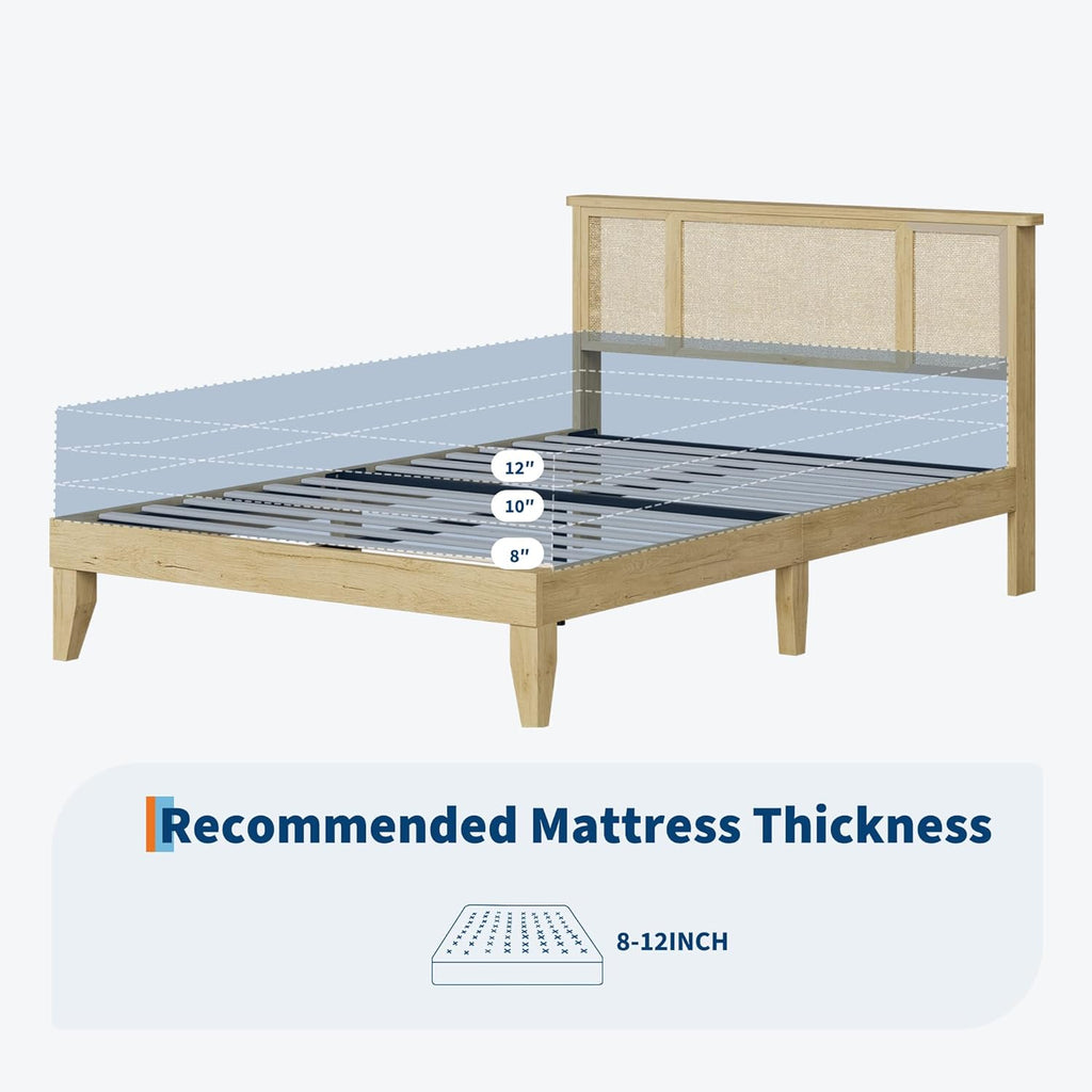 Rattan Bed Frame Queen with Natural Rattan Headboard, Sturdy Wooden Slats, Metal Platform Support, Silent Slats, No Box Spring Needed, Stylish and Robust Bedroom Furniture