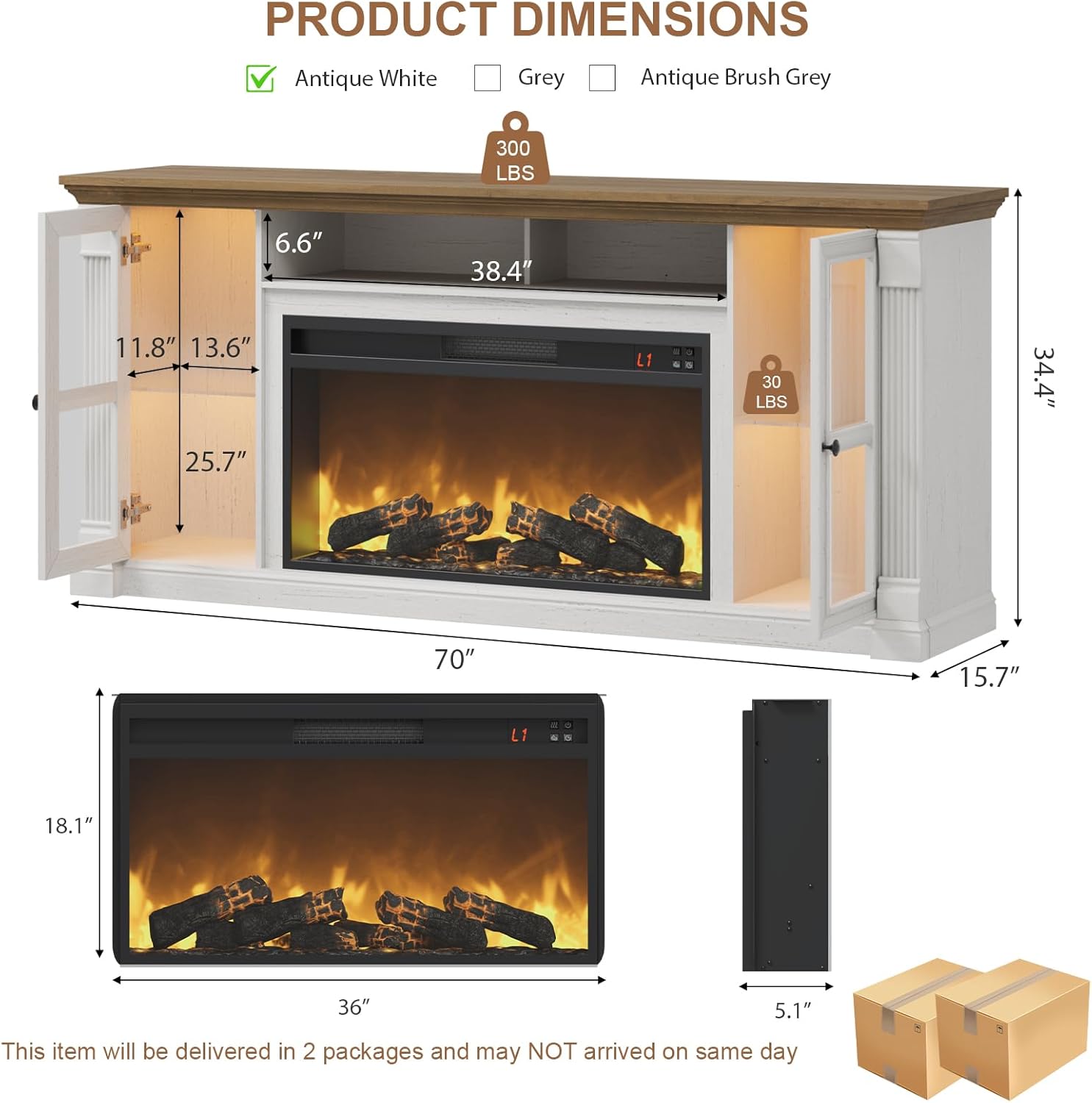 Farmhouse Fireplace TV Stand Up to 80" TVs, 70" Modern Highboy Entertainment Center with 36" Electric Fireplace & LED Lights, Media Console with Adjustable Shelves for Living Room, Antique White
