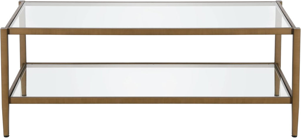 Henn&Hart 45" Wide Rectangular Coffee Table with Glass Shelf in Antique Brass, Coffee Table coffee tables for living room, studio apartment essentials
