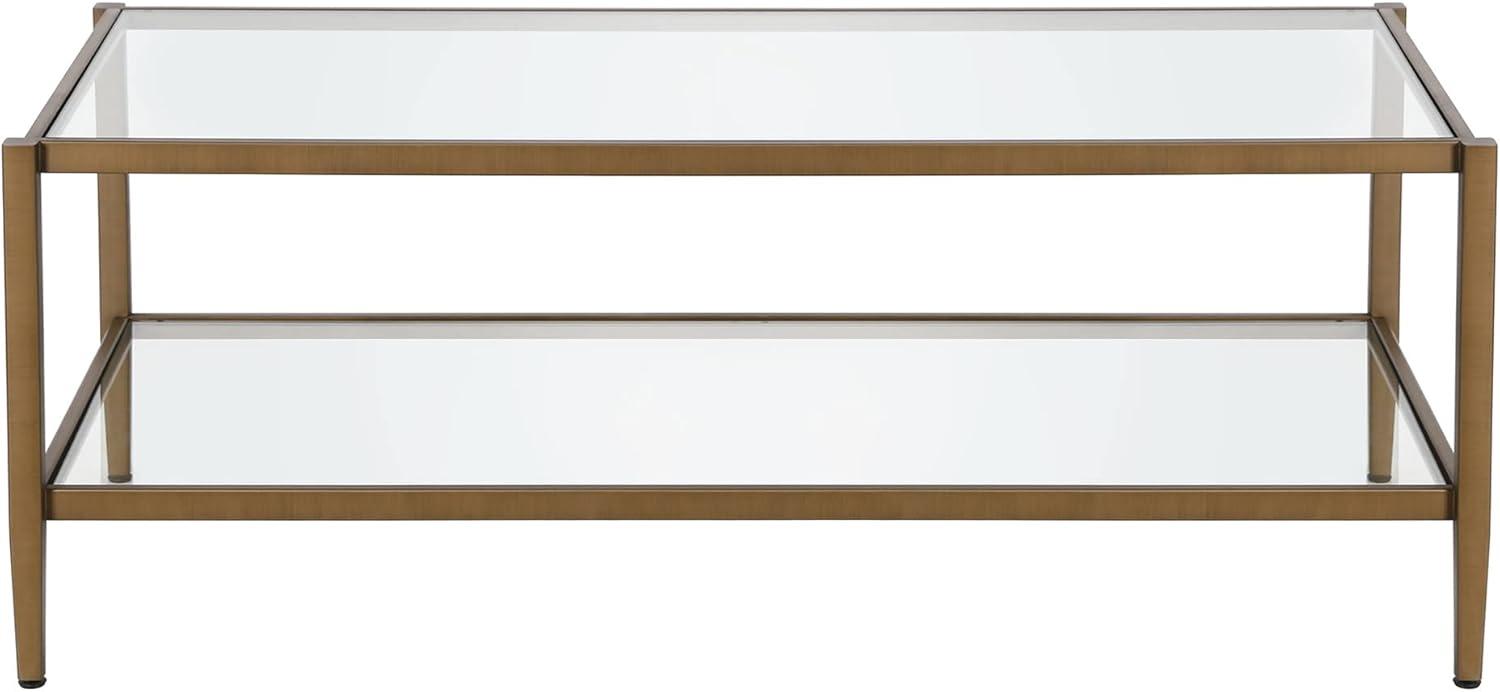 Henn&Hart 45" Wide Rectangular Coffee Table with Glass Shelf in Antique Brass, Coffee Table coffee tables for living room, studio apartment essentials