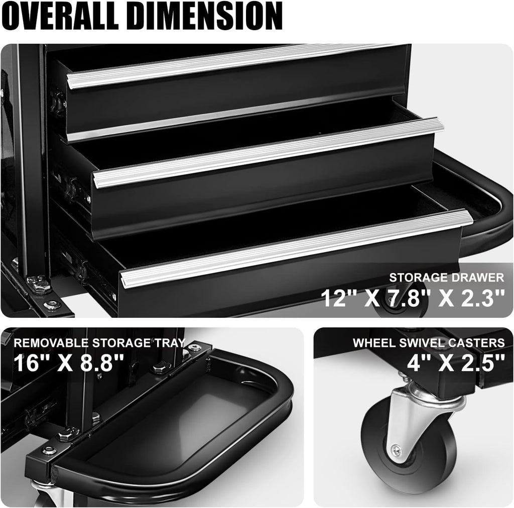 DNA Motoring 3-Drawer Mechanic Roller Seat, Rolling Creeper Garage/Shop Seat with Tool Trays, Rolling Tool Chest Stool with Tool Box, Padded Seat Cushion, 350lbs Capacity, Red, Black, TOOLS-00262