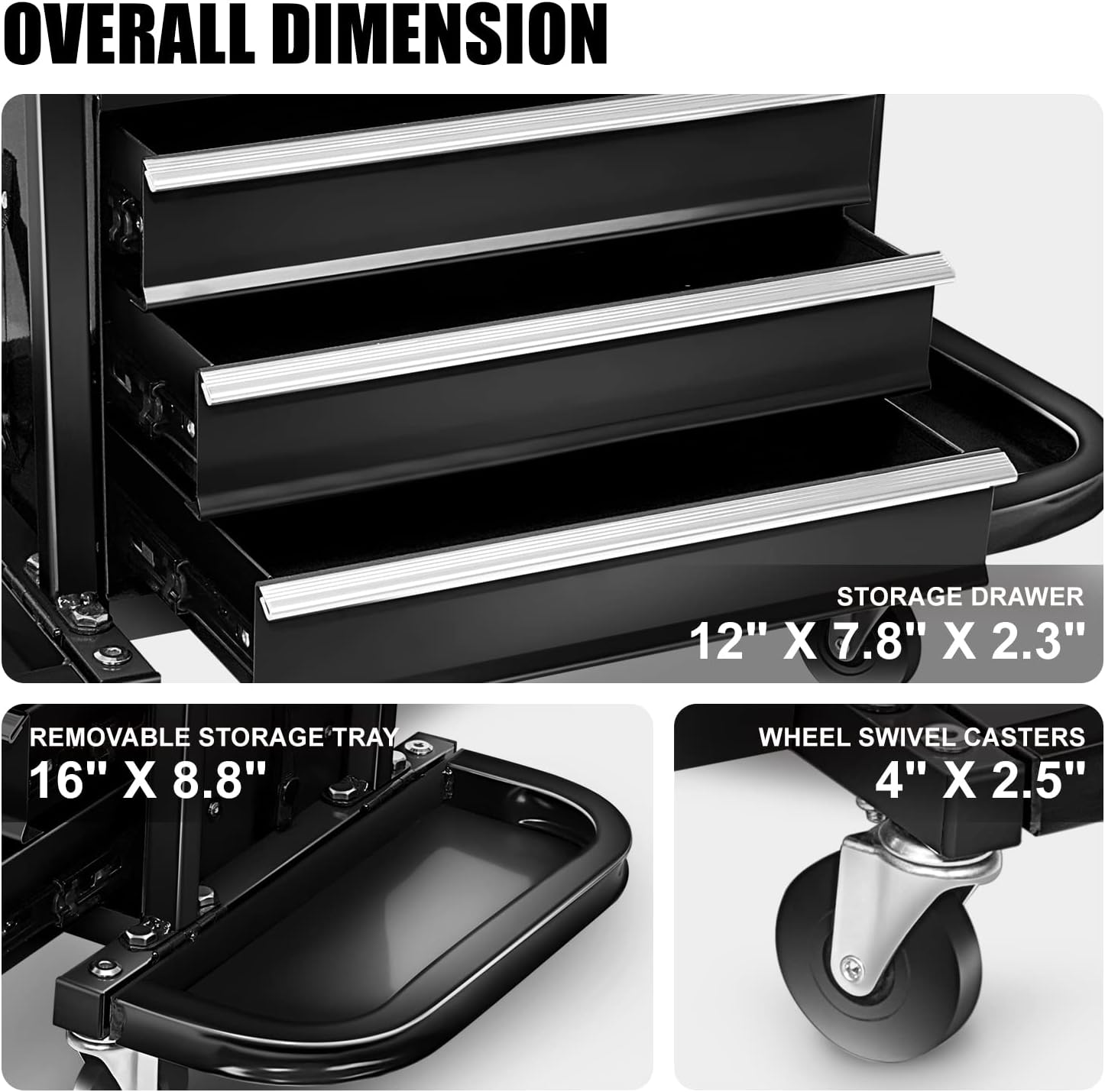 DNA Motoring 3-Drawer Mechanic Roller Seat, Rolling Creeper Garage/Shop Seat with Tool Trays, Rolling Tool Chest Stool with Tool Box, Padded Seat Cushion, 350lbs Capacity, Red, Black, TOOLS-00262