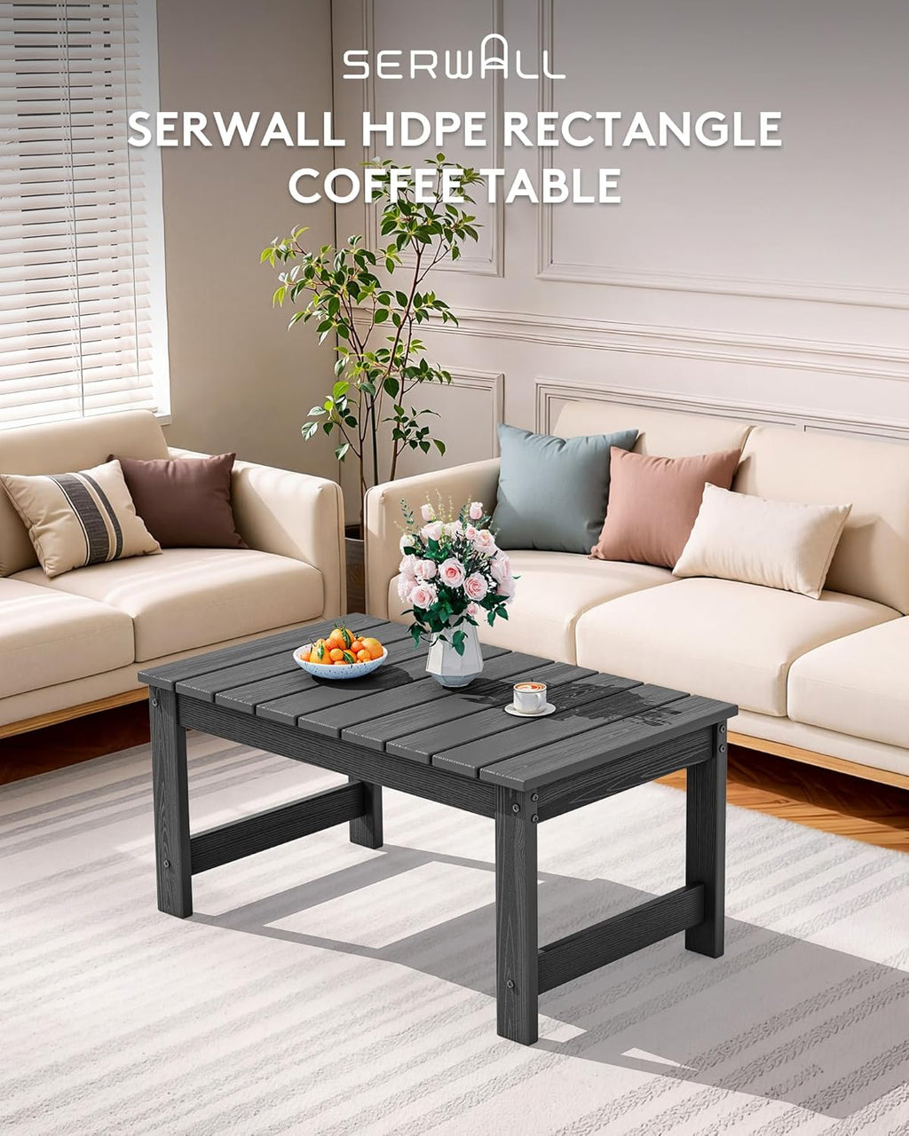 SERWALL Outdoor Coffee Table with 1.69" Umbrella Hole, HDPE Patio Coffee Table for Outside, Rectangle, Gray